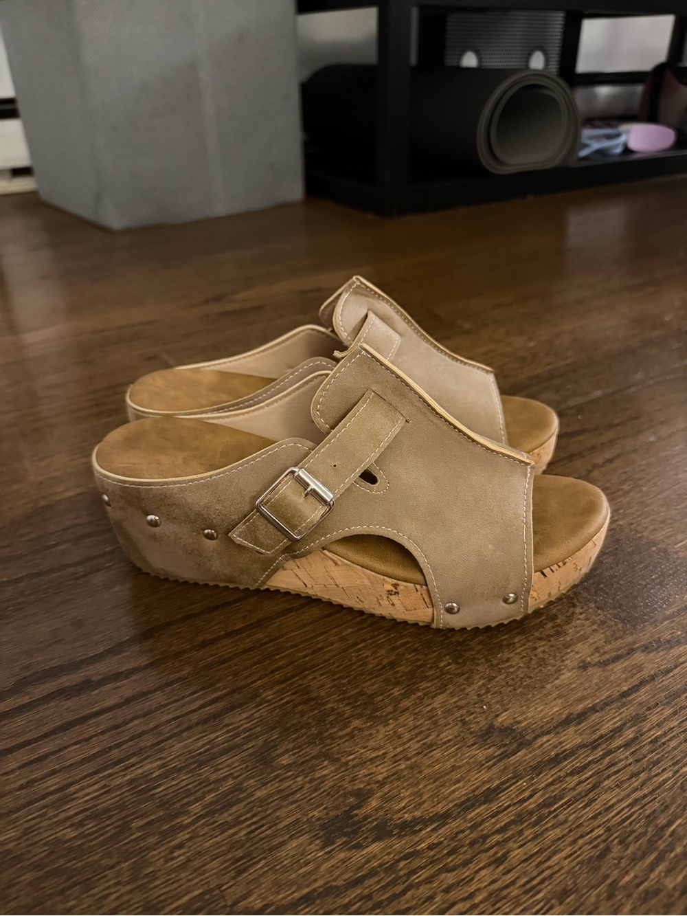 Women’s Beige Platform Cork Wedge Sandals – Size 7